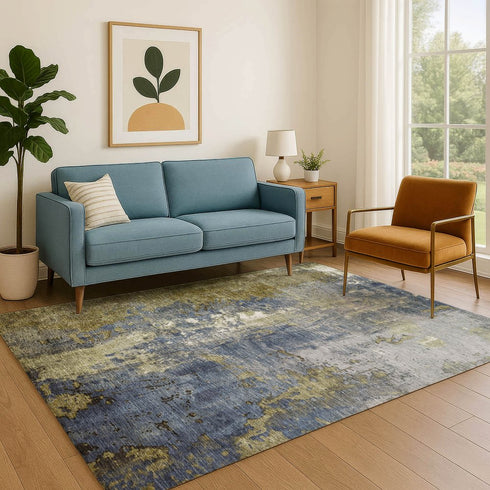 8' X 10' Khaki And Blue Abstract Washable Area Rug With UV Protection