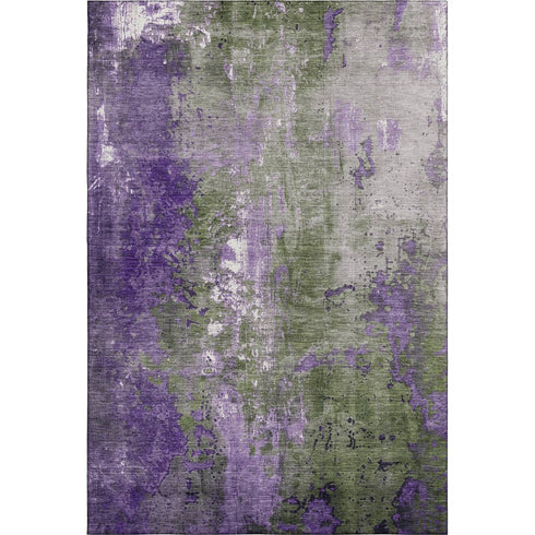 5' X 8' Olive Green And Purple Abstract Washable Area Rug With UV Protection