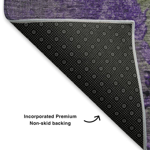 5' X 8' Olive Green And Purple Abstract Washable Area Rug With UV Protection