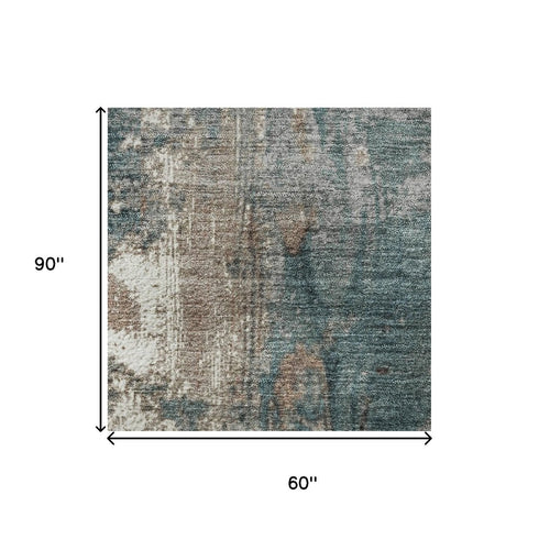 5' X 8' Rust And Teal Abstract Washable Area Rug With UV Protection