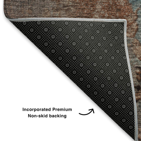 5' X 8' Rust And Teal Abstract Washable Area Rug With UV Protection