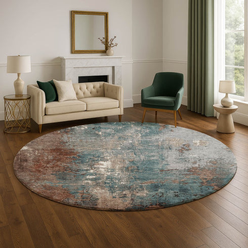 8' Rust And Teal Abstract Washable Round Rug With UV Protection