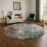 8' Rust And Teal Abstract Washable Round Rug With UV Protection