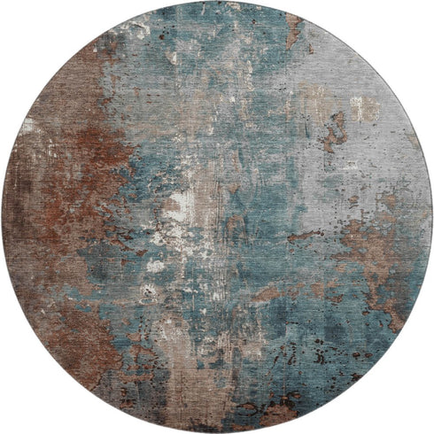 8' Rust And Teal Abstract Washable Round Rug With UV Protection