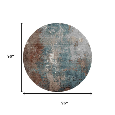 8' Rust And Teal Abstract Washable Round Rug With UV Protection