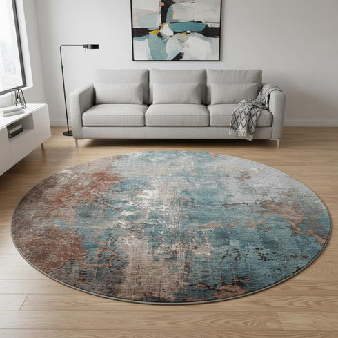 8' Rust And Teal Abstract Washable Round Rug With UV Protection
