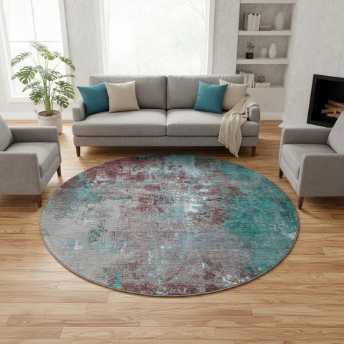 8' Turquoise And Merlot Abstract Washable Round Rug With UV Protection
