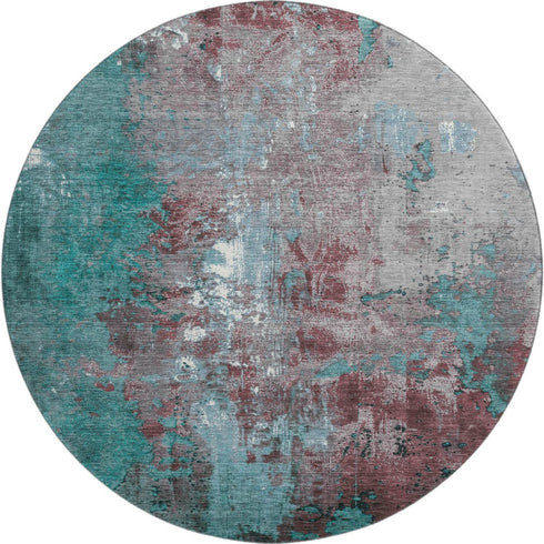 8' Turquoise And Merlot Abstract Washable Round Rug With UV Protection