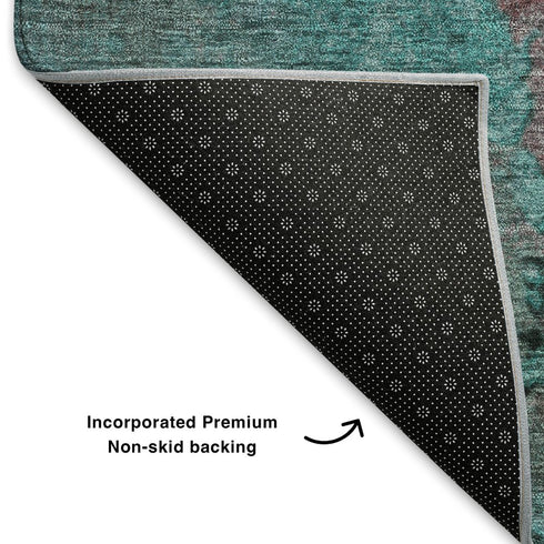 8' Turquoise And Merlot Abstract Washable Round Rug With UV Protection