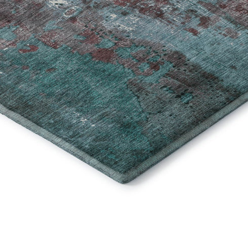 8' Turquoise And Merlot Abstract Washable Round Rug With UV Protection