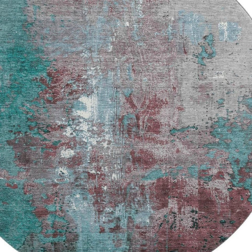 8' Turquoise And Merlot Abstract Washable Round Rug With UV Protection