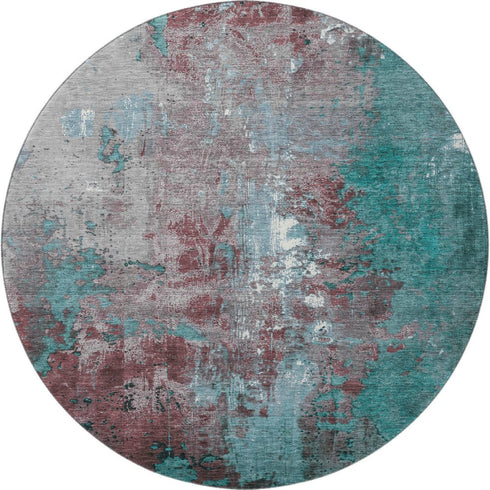 8' Turquoise And Merlot Abstract Washable Round Rug With UV Protection