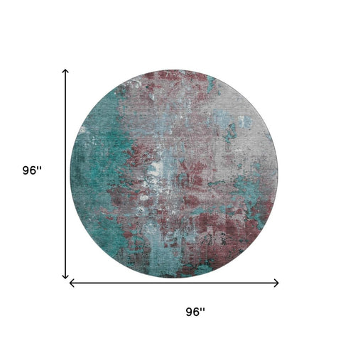 8' Turquoise And Merlot Abstract Washable Round Rug With UV Protection