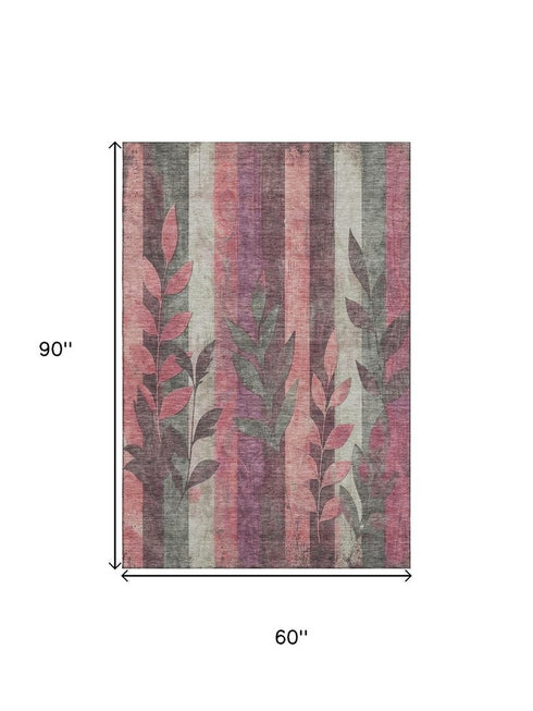 5' X 8' Blush And Gray Floral Washable Area Rug With UV Protection