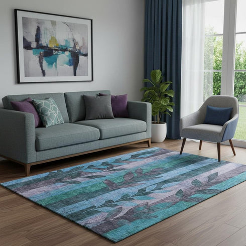 5' X 8' Denim Blue And Lavender Floral Washable Area Rug With UV Protection