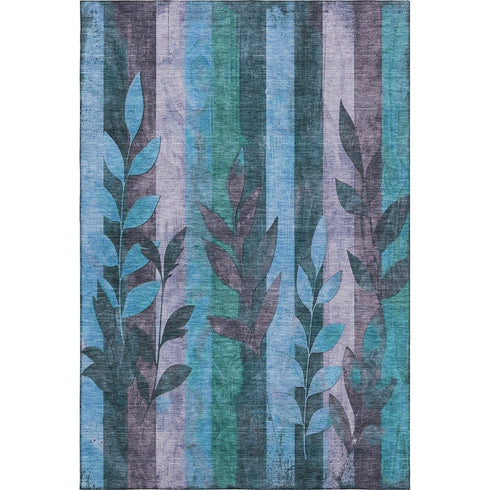 5' X 8' Denim Blue And Lavender Floral Washable Area Rug With UV Protection