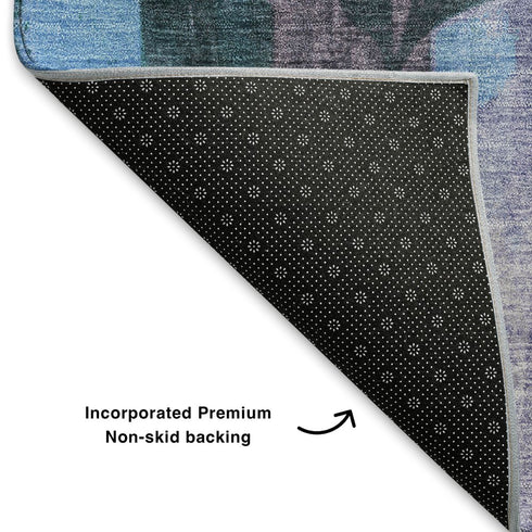 5' X 8' Denim Blue And Lavender Floral Washable Area Rug With UV Protection