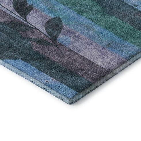 5' X 8' Denim Blue And Lavender Floral Washable Area Rug With UV Protection
