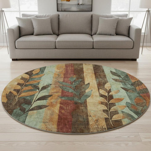 8' Wheat And Merlot Floral Washable Round Rug With UV Protection
