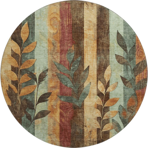 8' Wheat And Merlot Floral Washable Round Rug With UV Protection