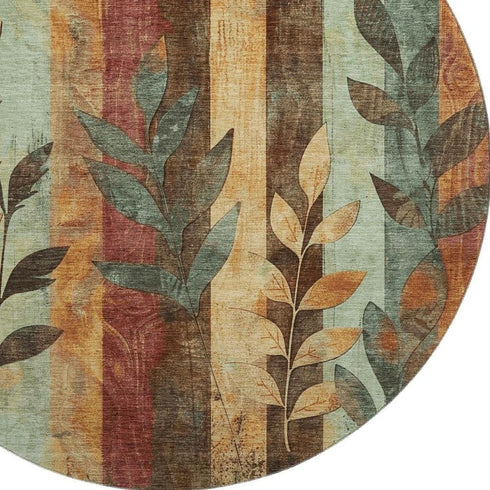 8' Wheat And Merlot Floral Washable Round Rug With UV Protection