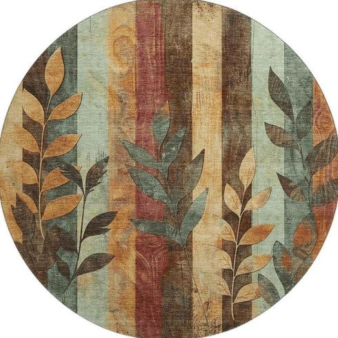 8' Wheat And Merlot Floral Washable Round Rug With UV Protection