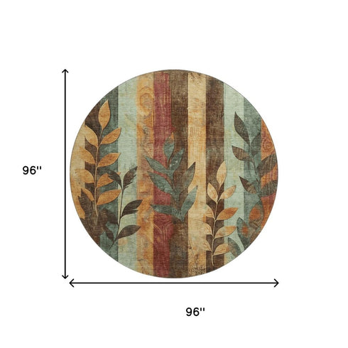 8' Wheat And Merlot Floral Washable Round Rug With UV Protection