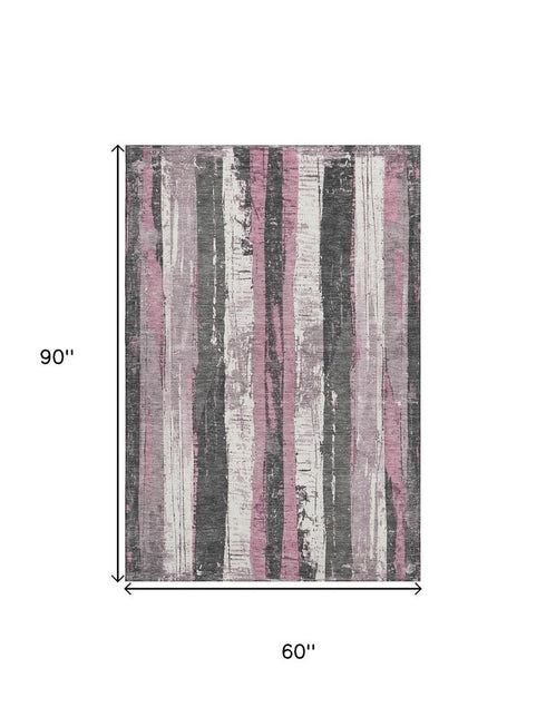 5' X 8' Blush And Gray Striped Washable Area Rug With UV Protection