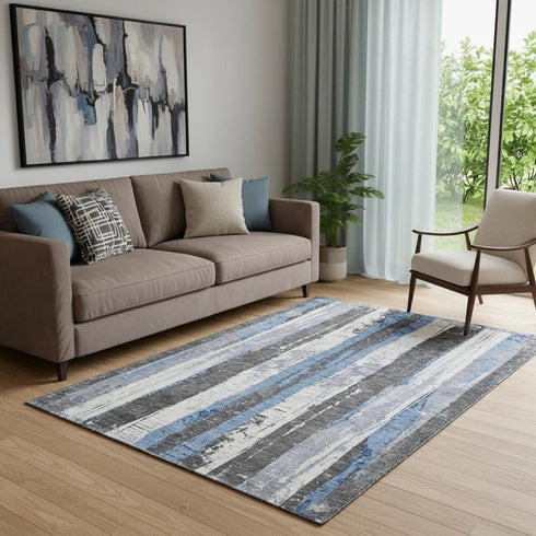 5' X 8' Denim Blue And Gray Striped Washable Area Rug With UV Protection