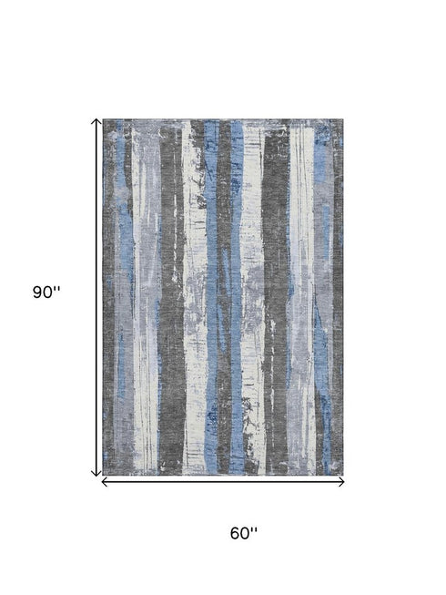 5' X 8' Denim Blue And Gray Striped Washable Area Rug With UV Protection