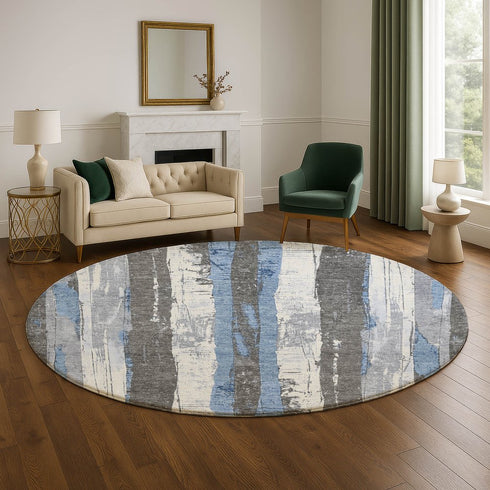 8' Denim Blue And Gray Striped Washable Round Rug With UV Protection