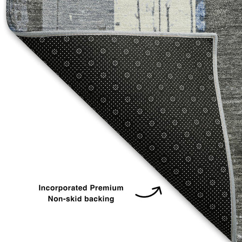 8' Denim Blue And Gray Striped Washable Round Rug With UV Protection