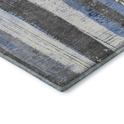 8' Denim Blue And Gray Striped Washable Round Rug With UV Protection