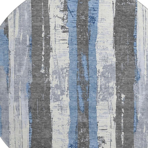 8' Denim Blue And Gray Striped Washable Round Rug With UV Protection