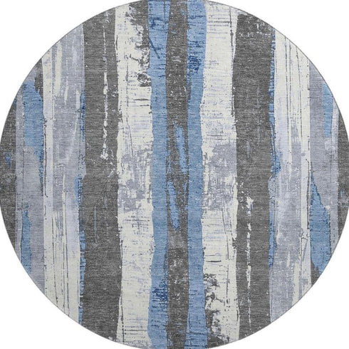 8' Denim Blue And Gray Striped Washable Round Rug With UV Protection