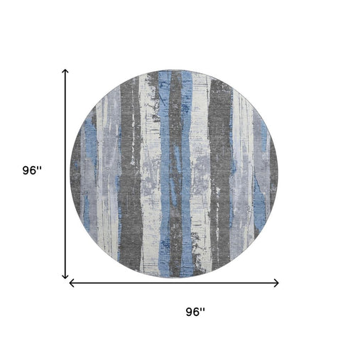 8' Denim Blue And Gray Striped Washable Round Rug With UV Protection