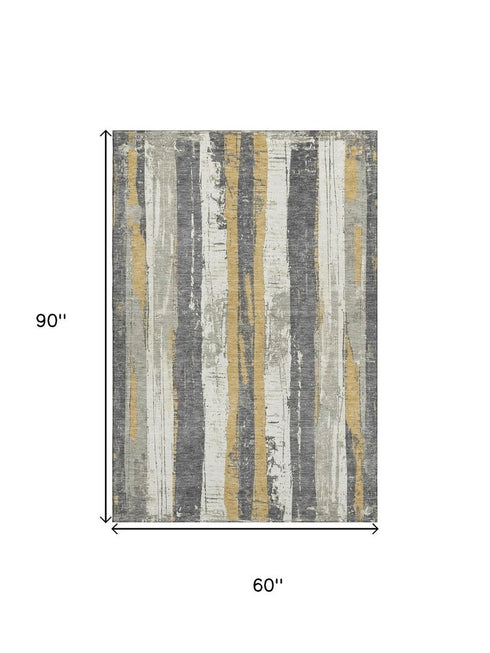 5' X 8' Gold And Gray Striped Washable Area Rug With UV Protection