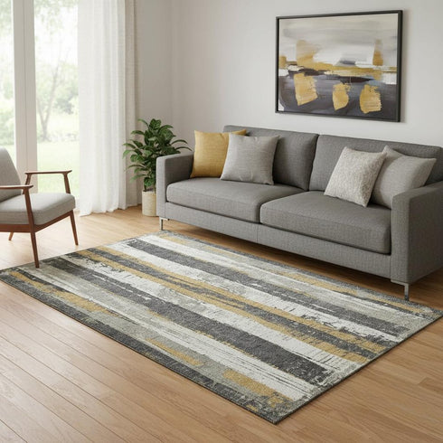 5' X 8' Gold And Gray Striped Washable Area Rug With UV Protection