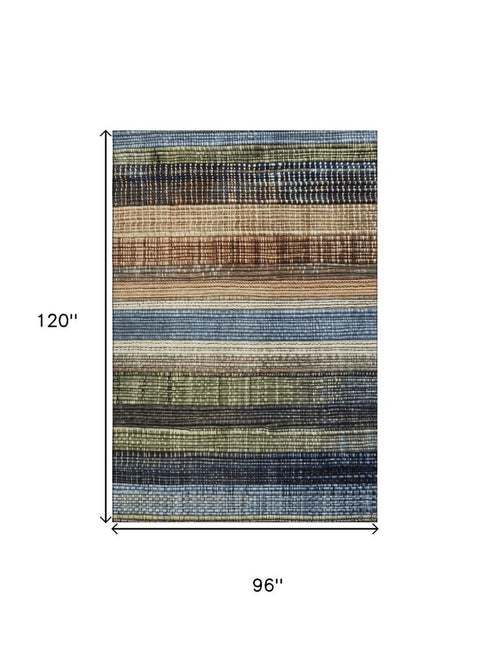 8' X 10' Blue Brown And Green Striped Washable Area Rug With UV Protection