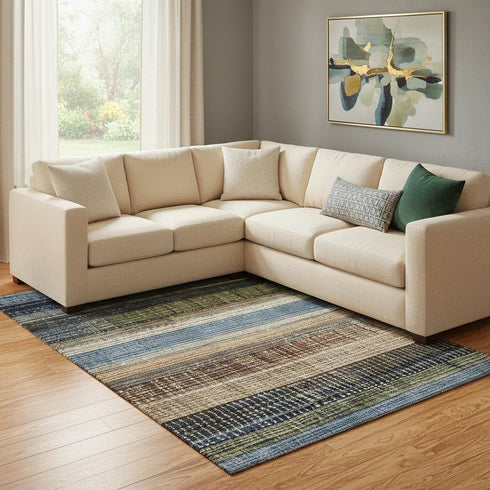 8' X 10' Blue Brown And Green Striped Washable Area Rug With UV Protection