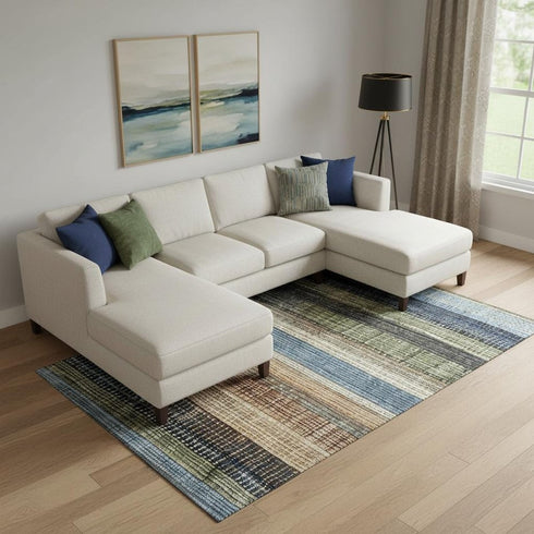 9' X 12' Blue Brown And Green Striped Washable Area Rug With UV Protection