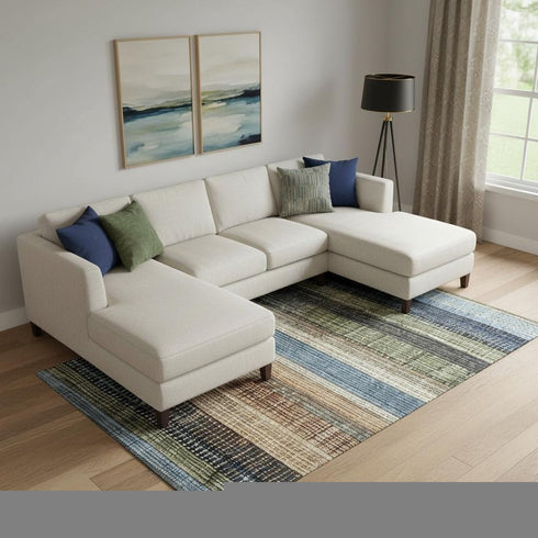 9' X 12' Blue Brown And Green Striped Washable Area Rug With UV Protection