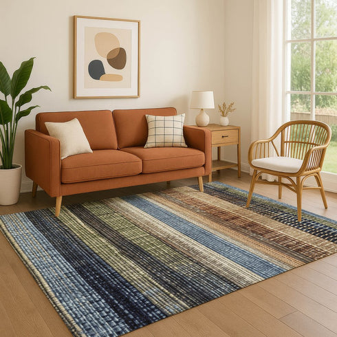 9' X 12' Blue Brown And Green Striped Washable Area Rug With UV Protection