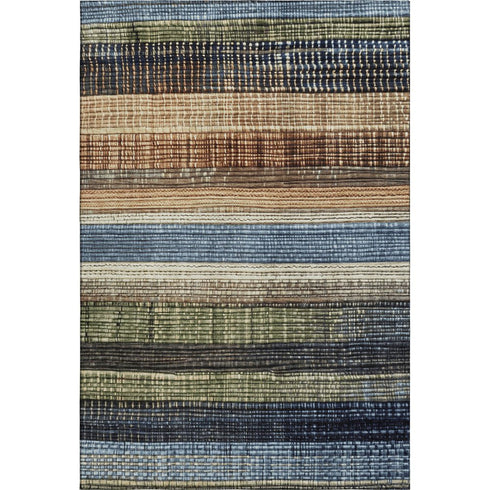 9' X 12' Blue Brown And Green Striped Washable Area Rug With UV Protection