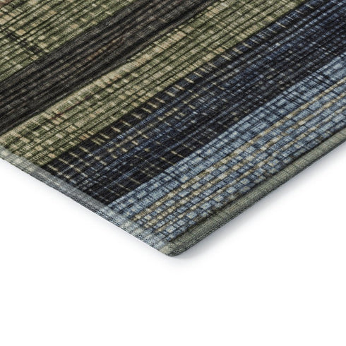 9' X 12' Blue Brown And Green Striped Washable Area Rug With UV Protection