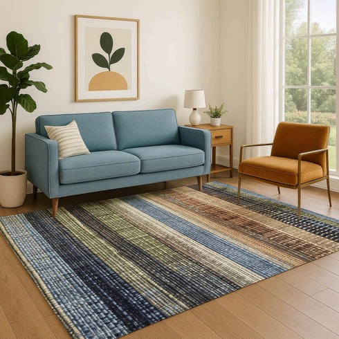 9' X 12' Blue Brown And Green Striped Washable Area Rug With UV Protection