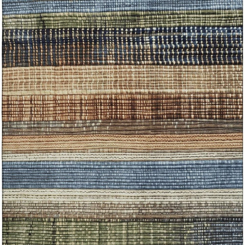 9' X 12' Blue Brown And Green Striped Washable Area Rug With UV Protection