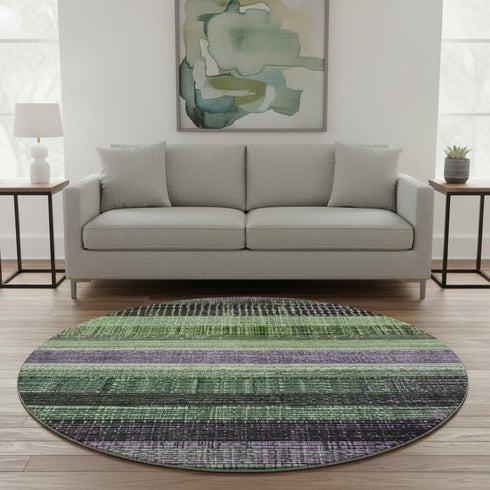 8' Purple And Green Striped Washable Round Rug With UV Protection
