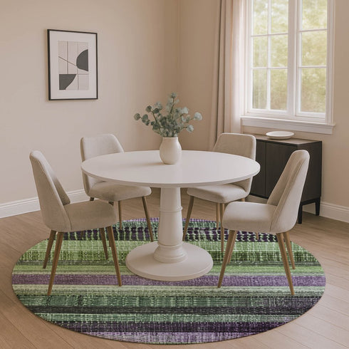 8' Purple And Green Striped Washable Round Rug With UV Protection