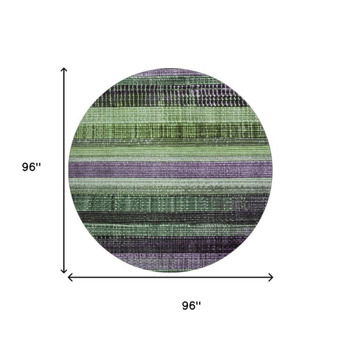 8' Purple And Green Striped Washable Round Rug With UV Protection